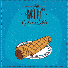 Wafer rolls with condensed milk, lie on lacy napkin. Blue background and ornate lettering bakery. Handmade cartoon style