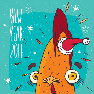 Cartoon from close-up of portrait funny and surprised cock or rooster with santa hat on blue background. New Year 2017 inscription
