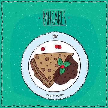 Beautiful pancakes with chocolate, lie on the plate. Top view. Cyan background. Handmade cartoon style