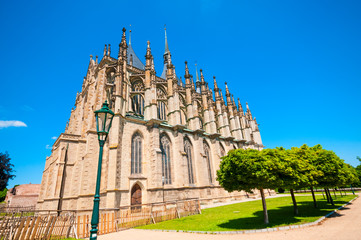 Fototapeta na wymiar Cathedral of St. Barbara against blue sky in Kutna Hora, Czech R