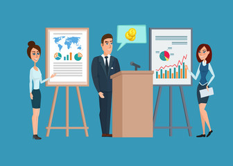 Business professional work team. meeting concept with people chatting in conference room. Vector creative illustrations flat design. Worker Man and Women
