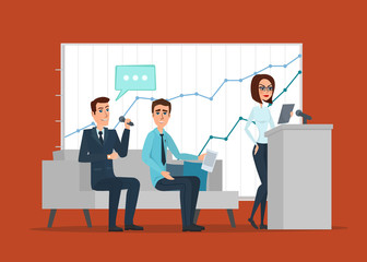 Business professional work. Meeting Discussing People. open space presentation hall podium with microphone. Vector creative illustrations flat design. Worker Man and Women