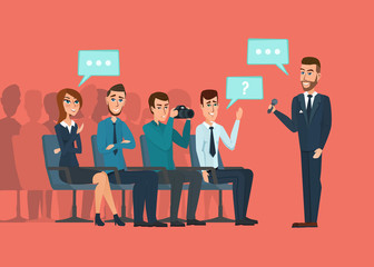 Business professional meeting. Journalists and photographers at a of people communicating conference hall. Vector creative illustrations flat design. Worker Man Women