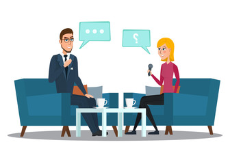 Interview with movie star. Interviews with politicians. Vector Illustration isolated on white background in flat style cartoon Live interview