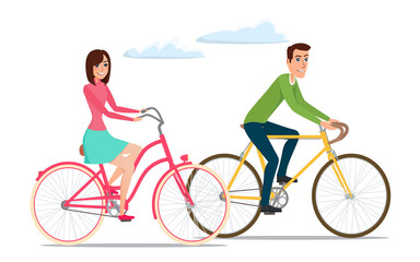 Man and woman, boy and girl riding sport bikes. Family outdoor activity. Vector Illustration isolated on white background in flat style