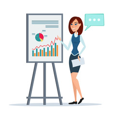 Business woman giving a presentation speech showing marketing and sales data. Modern Vector illustration isolated on white background in flat style.