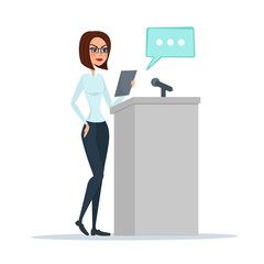 Politician woman standing behind rostrum and giving a speech. Vector illustration isolated on white background in flat style.