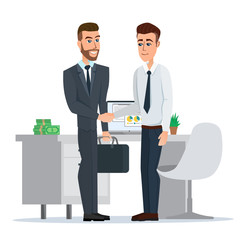 Teamwork solution and handshake of two businessman. Concept of successful partnership, business people cooperation agreement. Vector illustration isolated on white background in flat style.