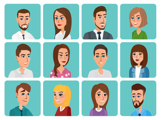 Men and women business and casual clothes icons. Business people flat avatars. Vector creative color illustrations flat design in flat modern style.