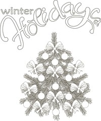 Hand drawn black and white sketch Christmas tree and lettering Winter Holidays, vector illustration
