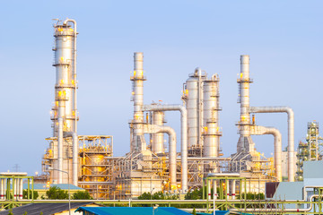 Oil gas refinery plant. May called petroleum, production or petrochemical plant. Industrial factory construction from engineering technology with steel pipe, pipeline, tank. Business for power energy.