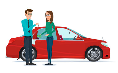 Naklejka premium Car Showroom. Manager sells and woman buying a new car. Vector illustration isolated on white background in flat style.