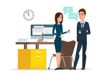Girl and man businessmen talking office. Job Interview Task Conversation Desk Working Computer. Business cartoon concept. Vector illustration isolated on white background in flat style.