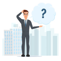 Vector illustration of cartoon with bar question mark. Business cartoon concept. Vector illustration isolated on white background in flat style.