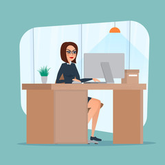 Business woman lady entrepreneur in a suit working on a laptop computer office desk. Vector creative color illustrations flat design in flat modern style.