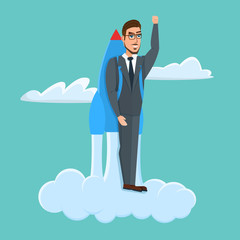 Happy Businessman flying with rocket backpack. Business cartoon concept. Vector creative color illustrations flat design in flat modern style.