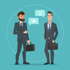 Two businessmen standing, talking, discussing negotiating. Business cartoon concept. Vector creative color illustrations flat design in flat modern style.