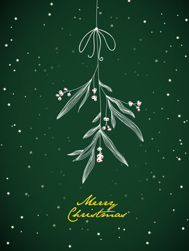 Handwritten Christmas illustration with hanging mistletoe. Night
