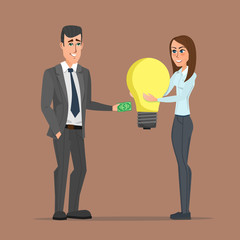Business woman exchange money to idea with businessman. Business cartoon concept. Vector creative color illustrations flat design in flat modern style.