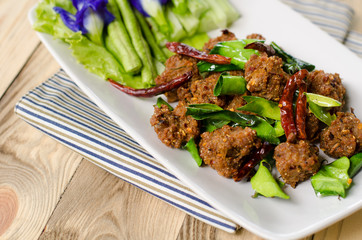 Spicy pork mince balls (Thai food name larb moo tod)