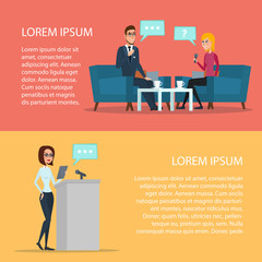 Press conference, interview concept, live report microphones news. Cartoon poster vector illustration. Banners for your web design in business style. Template for your text. Business characters set.