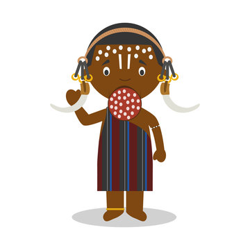 Character from Ethiopia (Mursi Tribe) dressed in the traditional way Vector Illustration. Kids of the World Collection.