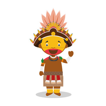 Character From Papua New Guinea (Dani Tribe) Dressed In The Traditional Way Vector Illustration. Kids Of The World Collection.