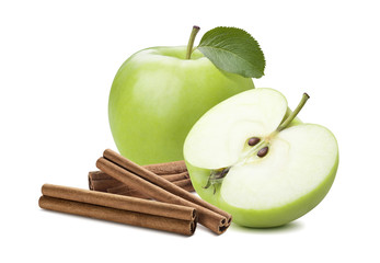 Whole green apple and half plus cinnamon stick isolated