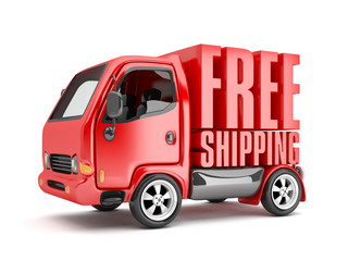 3D Red Van with Free Shipping text isolated
