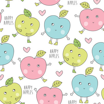 seamless happy apples pattern vector illustration