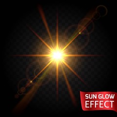 Sun glow effect set on a dark background transparent. Sunrise, sunset, the rays of glare glow. Bright flowing scattering light. Vector illustration