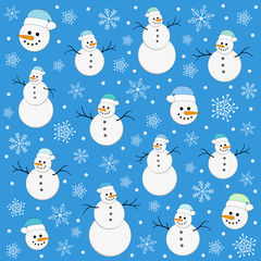 snowmen in Christmas hats on a background of falling snowflakes