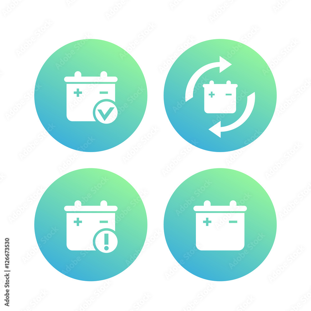 Poster Battery icons set, battery replacement, warning, vector illustration