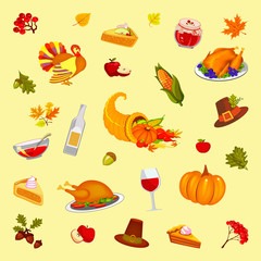 Thanksgiving Day, yellow background, illustration. Food and beverages, vegetables, fruit.