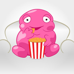 Cute Monster eating popcorn sitting on a sofa