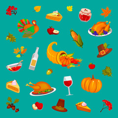 Thanksgiving Day, turquoise background, illustration. Food and beverages, vegetables, fruit.