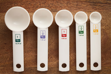 measuring spoons in varying sizes on wooden background