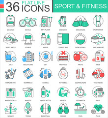 Vector Sport and Fitness modern color flat line outline icons for apps and web design.