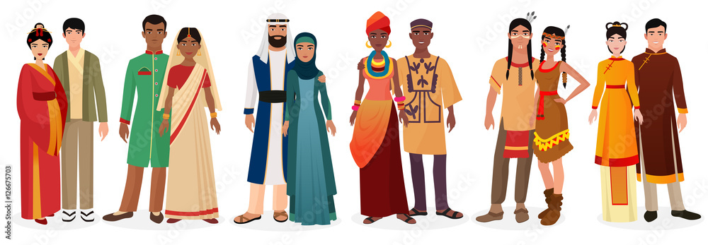 Wall mural People in national traditional dress clothes. International couples. Native america, japan, china, muslim arabian, india, africa people together set.