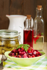 Salad with boiled vegetables. Vinaigrette. Russian cuisine. Vegetarian food.