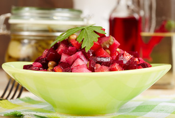 Salad with boiled vegetables. Vinaigrette. Russian cuisine. Vegetarian food.