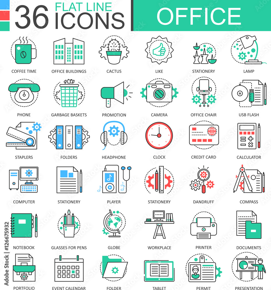 Poster Vector Office modern color flat line outline icons for apps and web design.