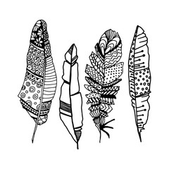 Decorative black line art doodle style tribal feathers