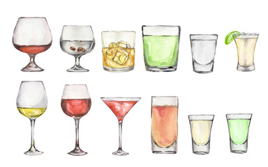 Watercolor alcohol set. Many glasses on white background. Wine, liquor, champagne and beer.
