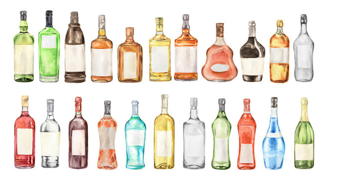 Watercolor alcohol set. Many bottles on white background. Wine, liquor, champagne and beer.