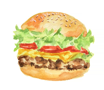 Isolated hamburger on white background. Fresh and delicious hamburger with tomatoes, lettuce, meat and sauce. Watercolor art.