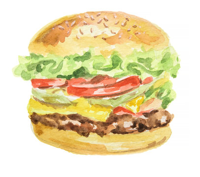 Isolated hamburger on white background. Fresh and delicious hamburger with tomatoes, lettuce, meat and sauce. Watercolor art.