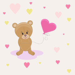 Cute bear with balloon. Greeting card.Light background