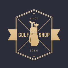 Golf shop, vintage emblem, logo with golf bag and clubs, gold on dark, vector illustration