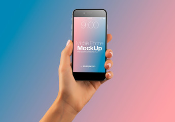 Hand with Cellphone on Gradient Background Mockup 40